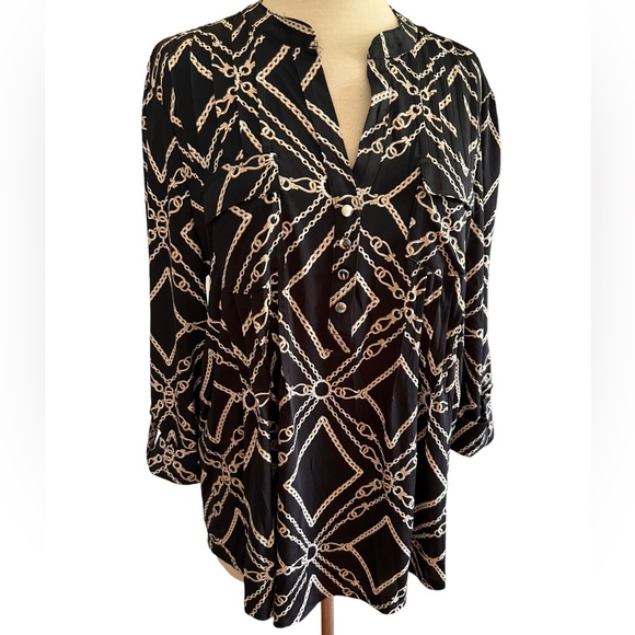 COCOMO 2X Black Beige 3/4 sleeve Plus Size women's Pintuck Blouse tunic - Picture 3 of 11